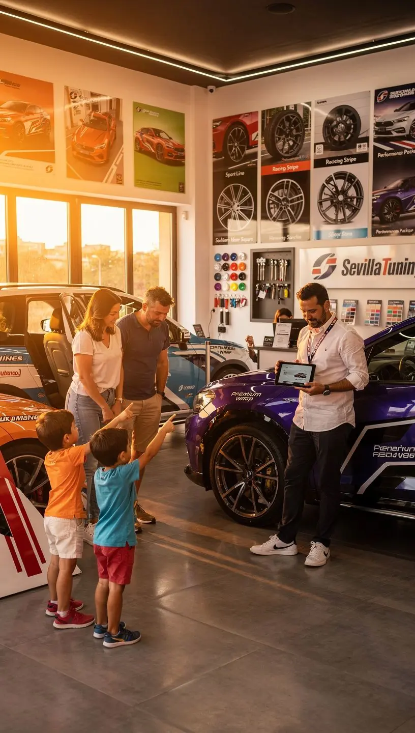 Interior de un taller de tuning con herramientas profesionales y vehículos en proceso de optimización.